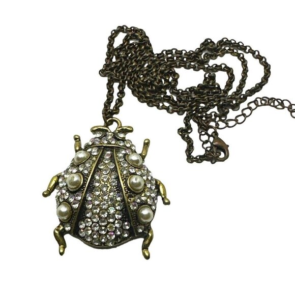Beetle Pendant Necklace Antique Gold Tone Faux Pearl Detail Rhinestone Inlay - Picture 1 of 3